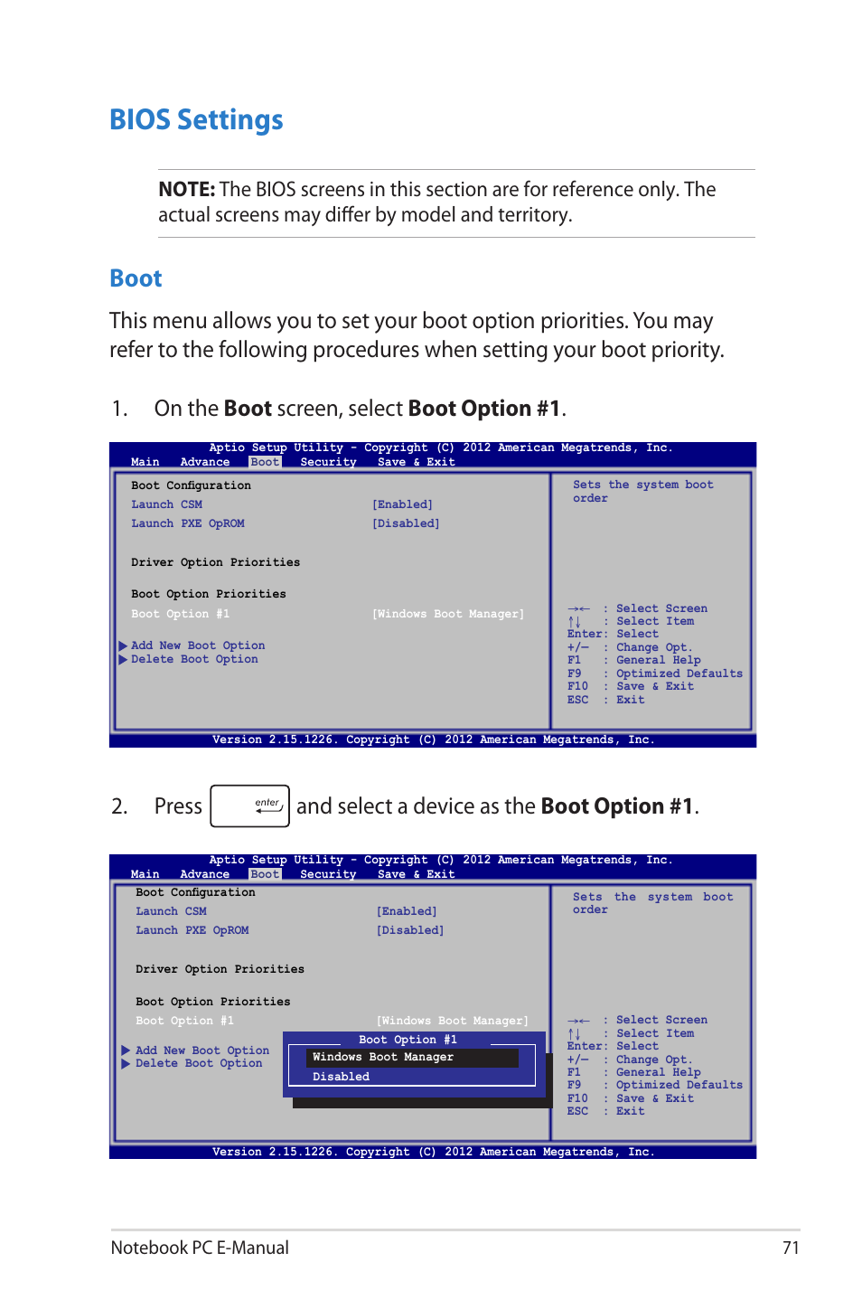 Bios settings, Boot | Asus UX51VZ User Manual | Page 71 / 104