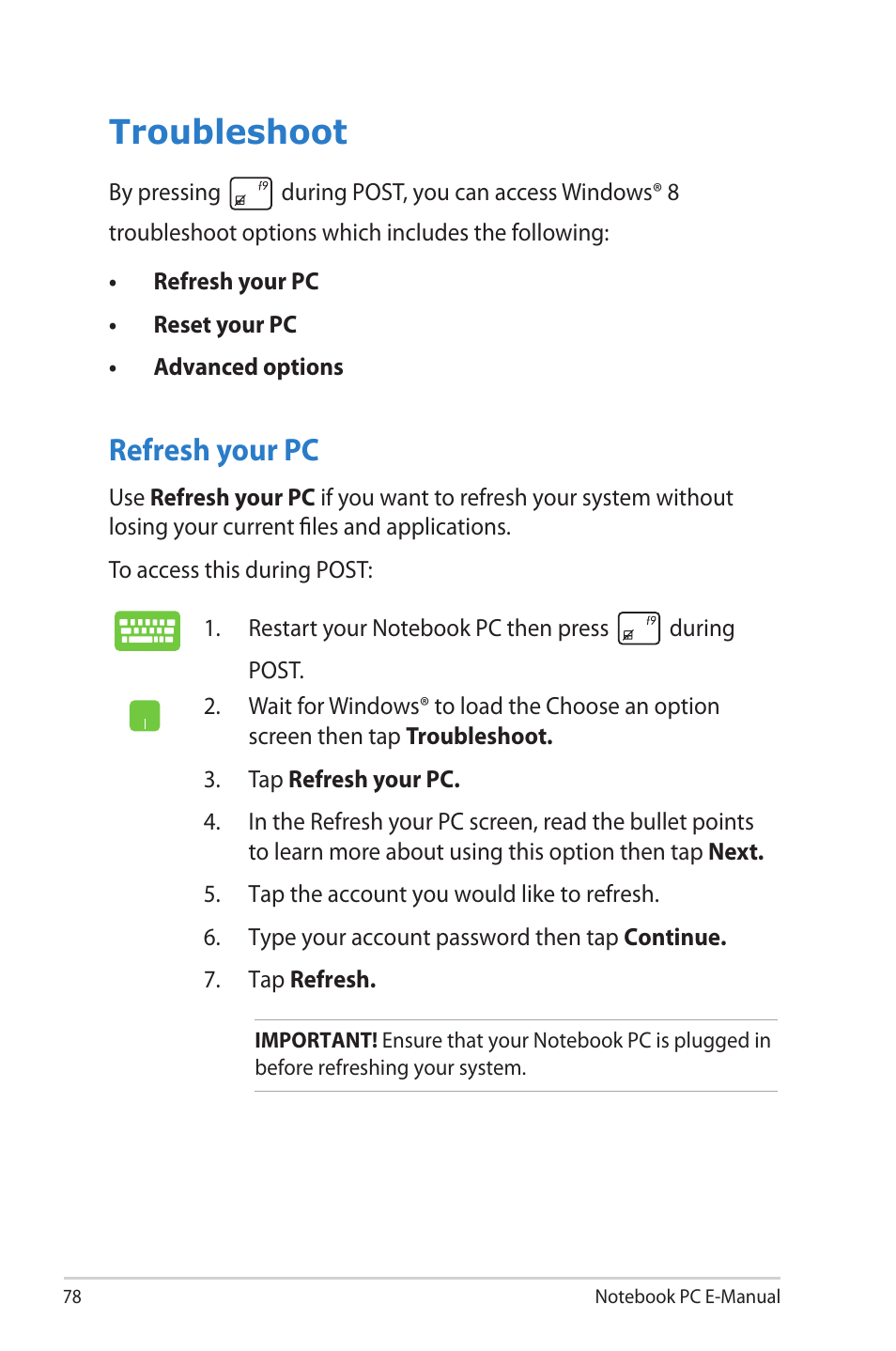 Troubleshoot, Refresh your pc | Asus UX51VZ User Manual | Page 78 / 104