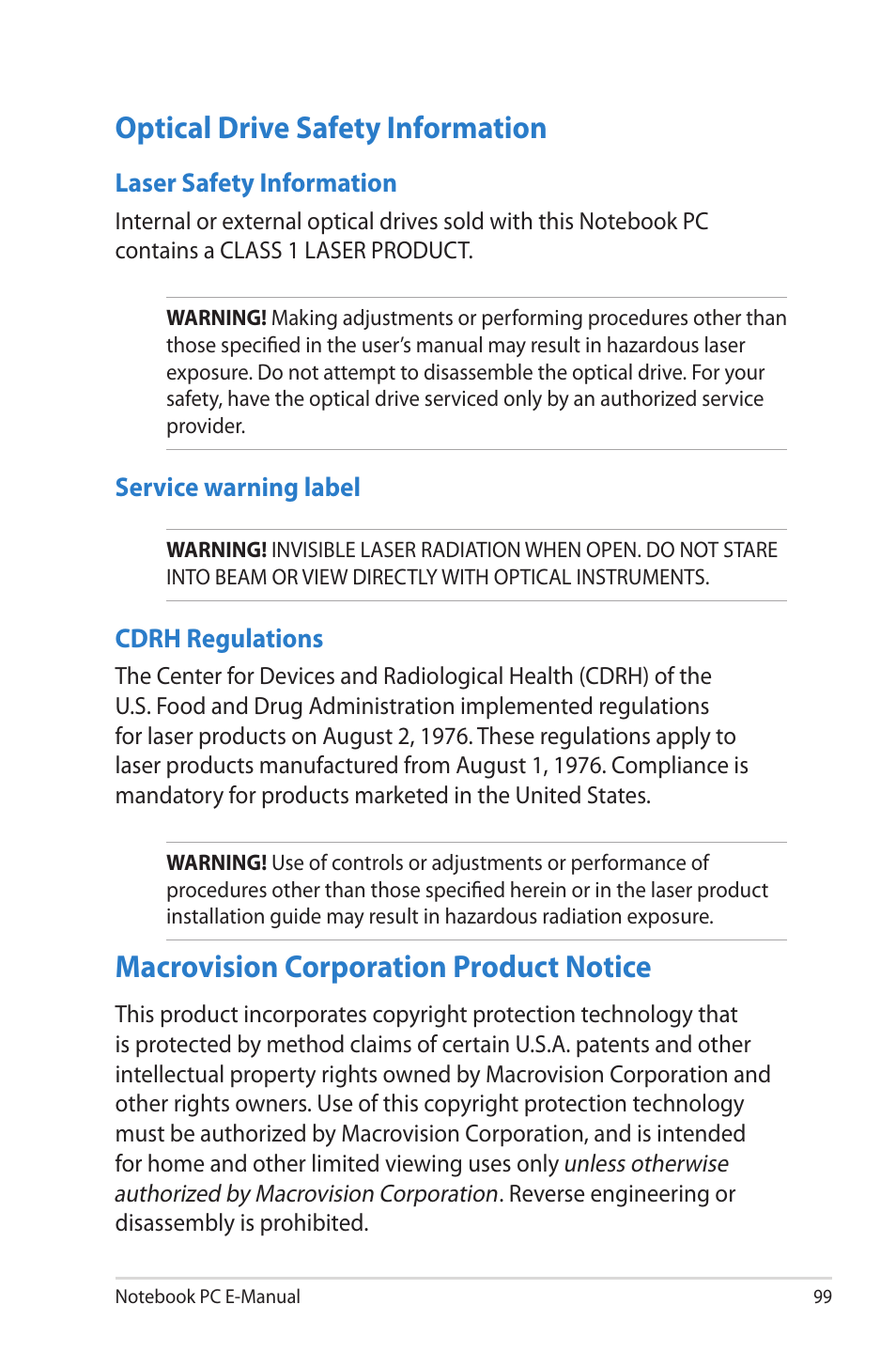 Optical drive safety information, Macrovision corporation product notice | Asus UX51VZ User Manual | Page 99 / 104