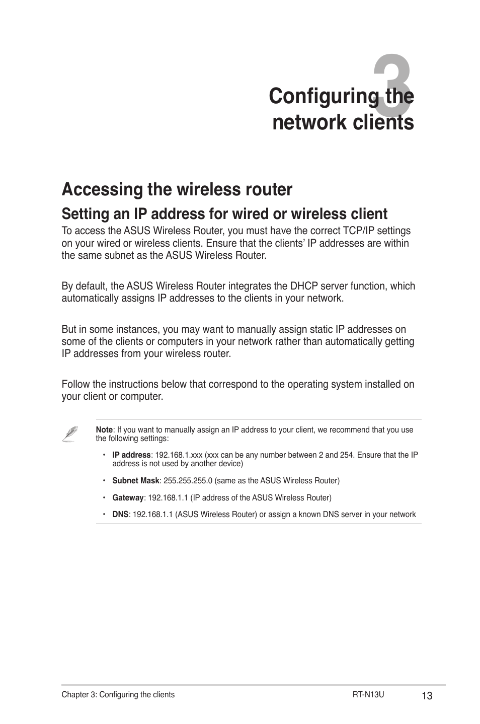 Chapter 3: configuring the network clients, Accessing the wireless router, Setting an ip address for wired or wireless client | Configuring the network clients | Asus RT-N13U User Manual | Page 13 / 61