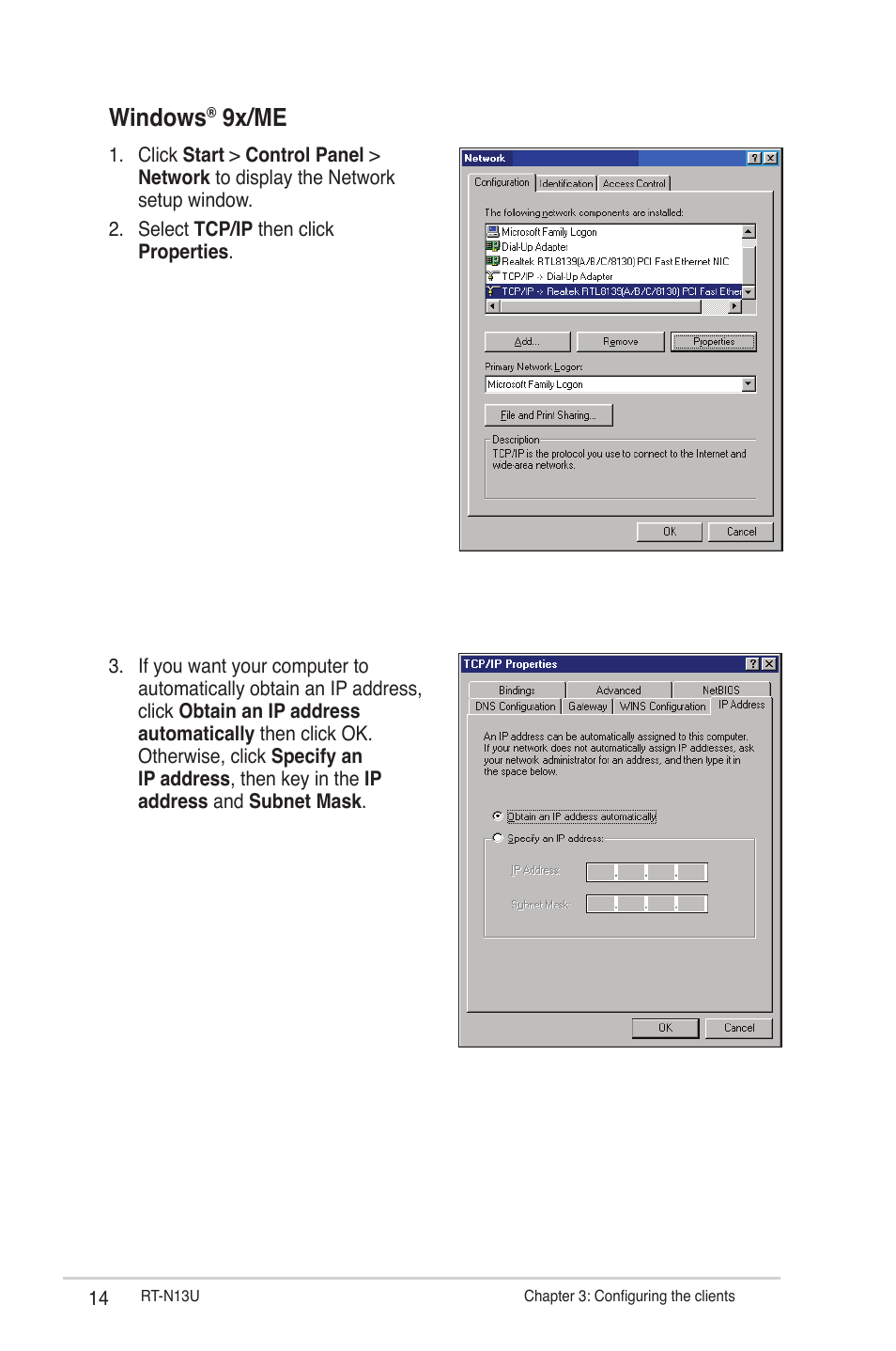 Windows, 9x/me | Asus RT-N13U User Manual | Page 14 / 61