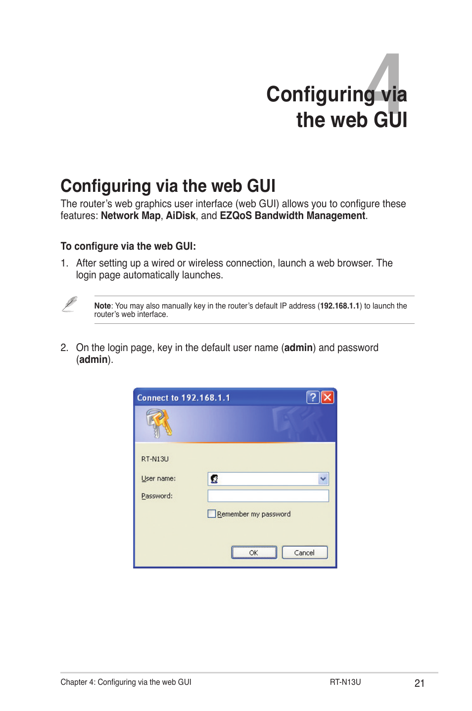 Chapter 4: configuring via the web gui, Configuring via the web gui | Asus RT-N13U User Manual | Page 21 / 61