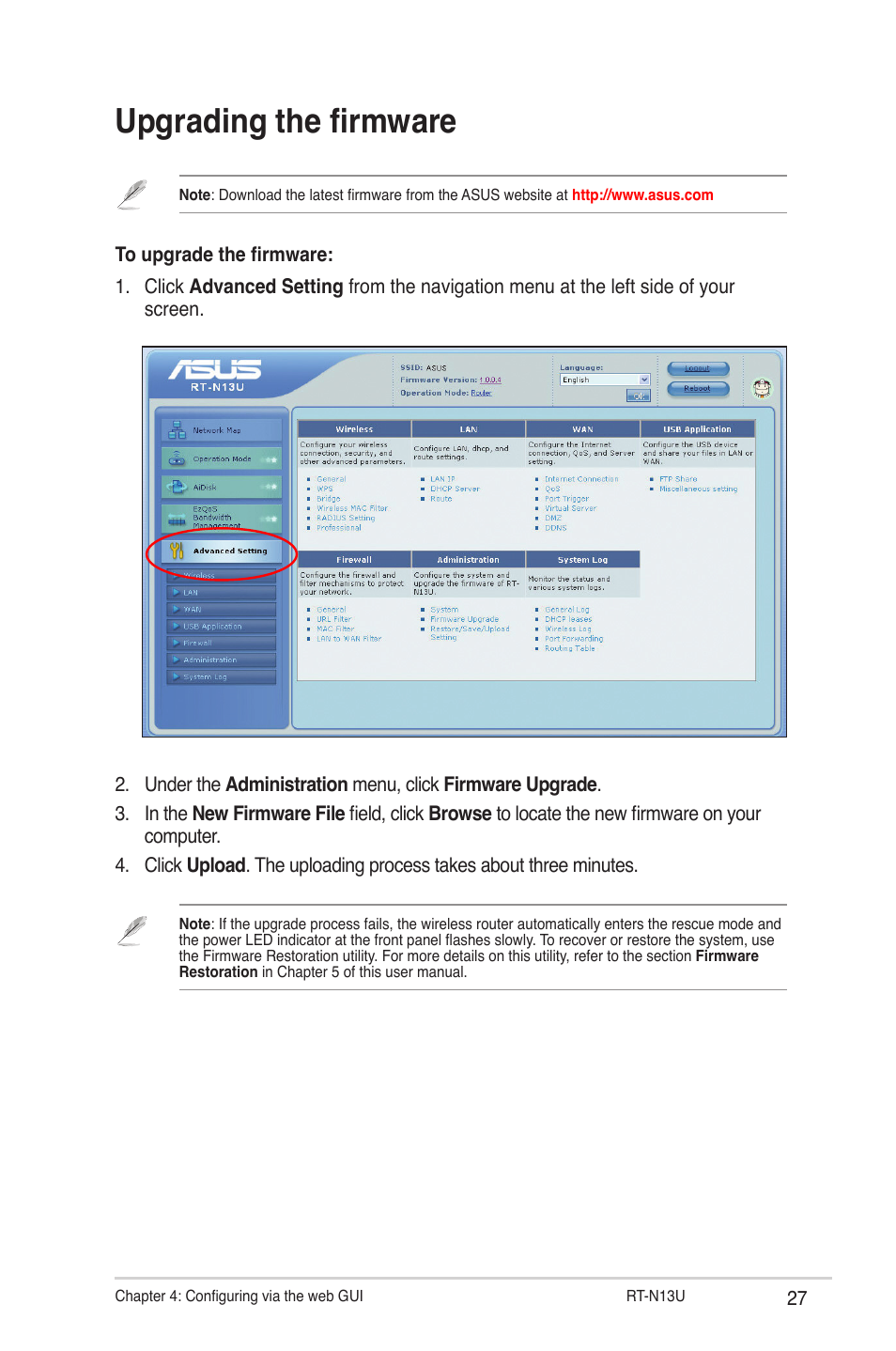 Upgrading the firmware | Asus RT-N13U User Manual | Page 27 / 61