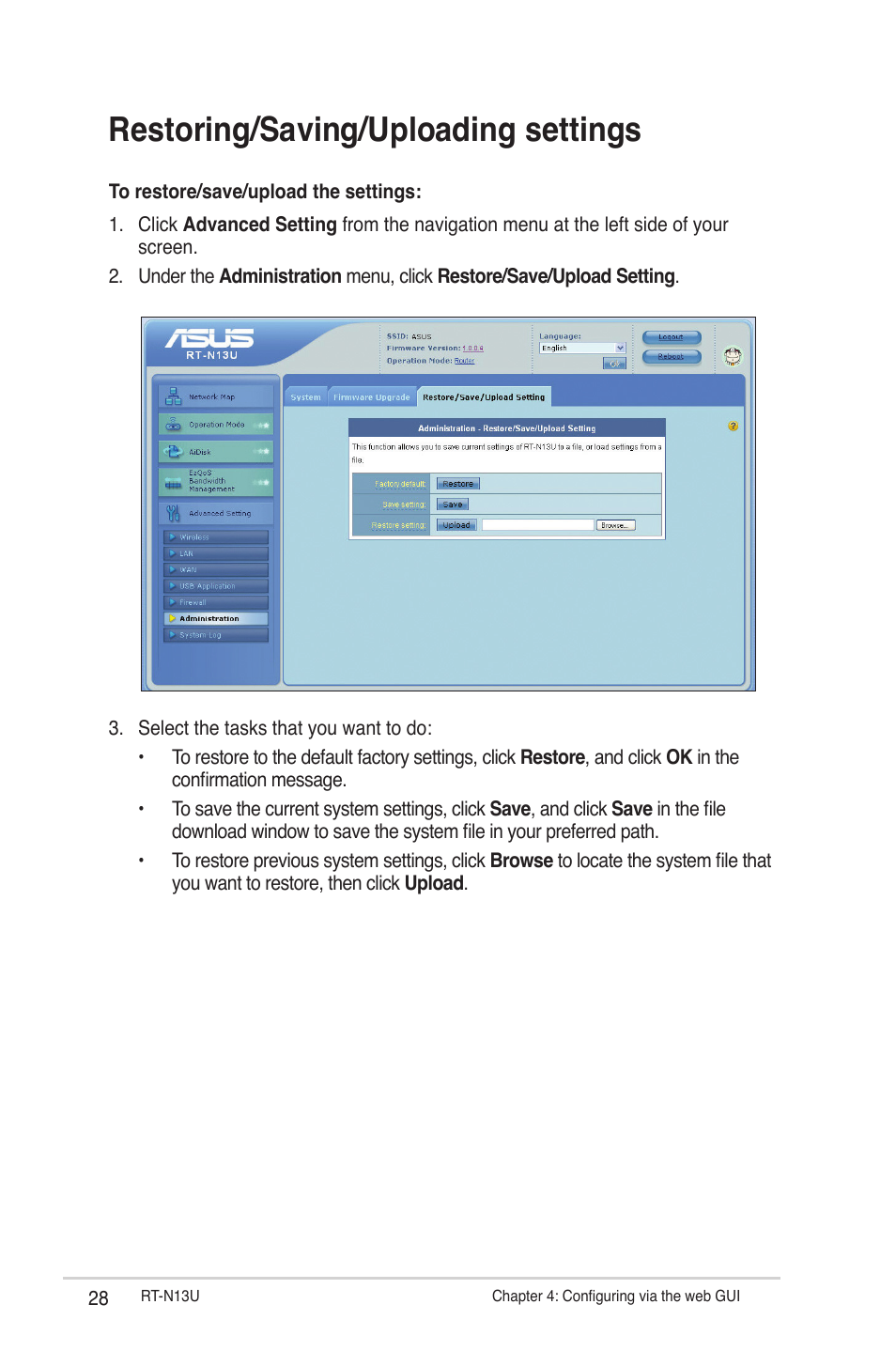 Restoring/saving/uploading settings | Asus RT-N13U User Manual | Page 28 / 61