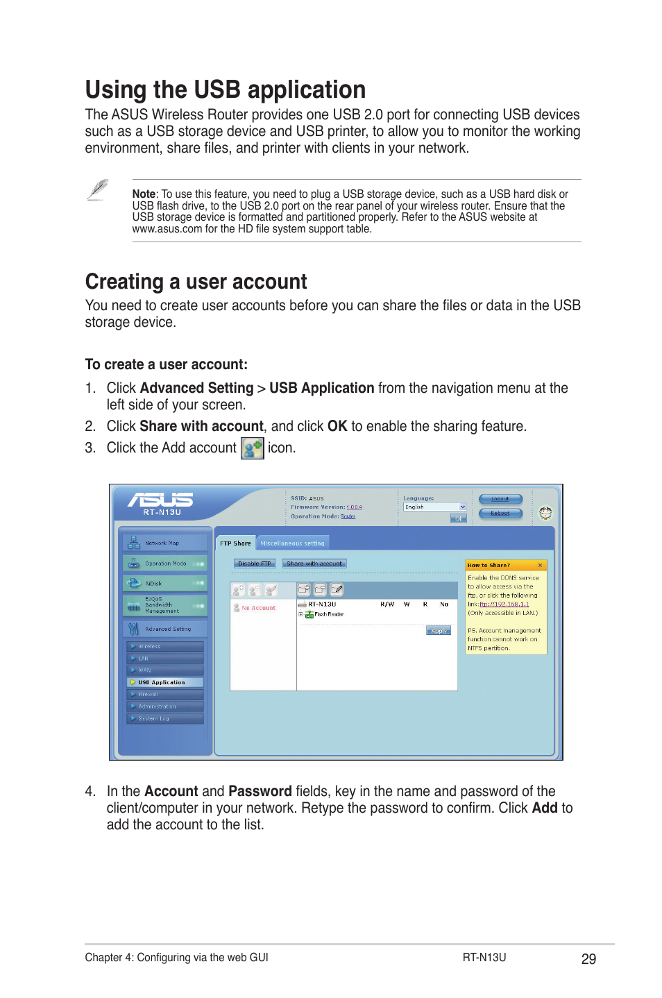 Using the usb application, Creating a user account | Asus RT-N13U User Manual | Page 29 / 61