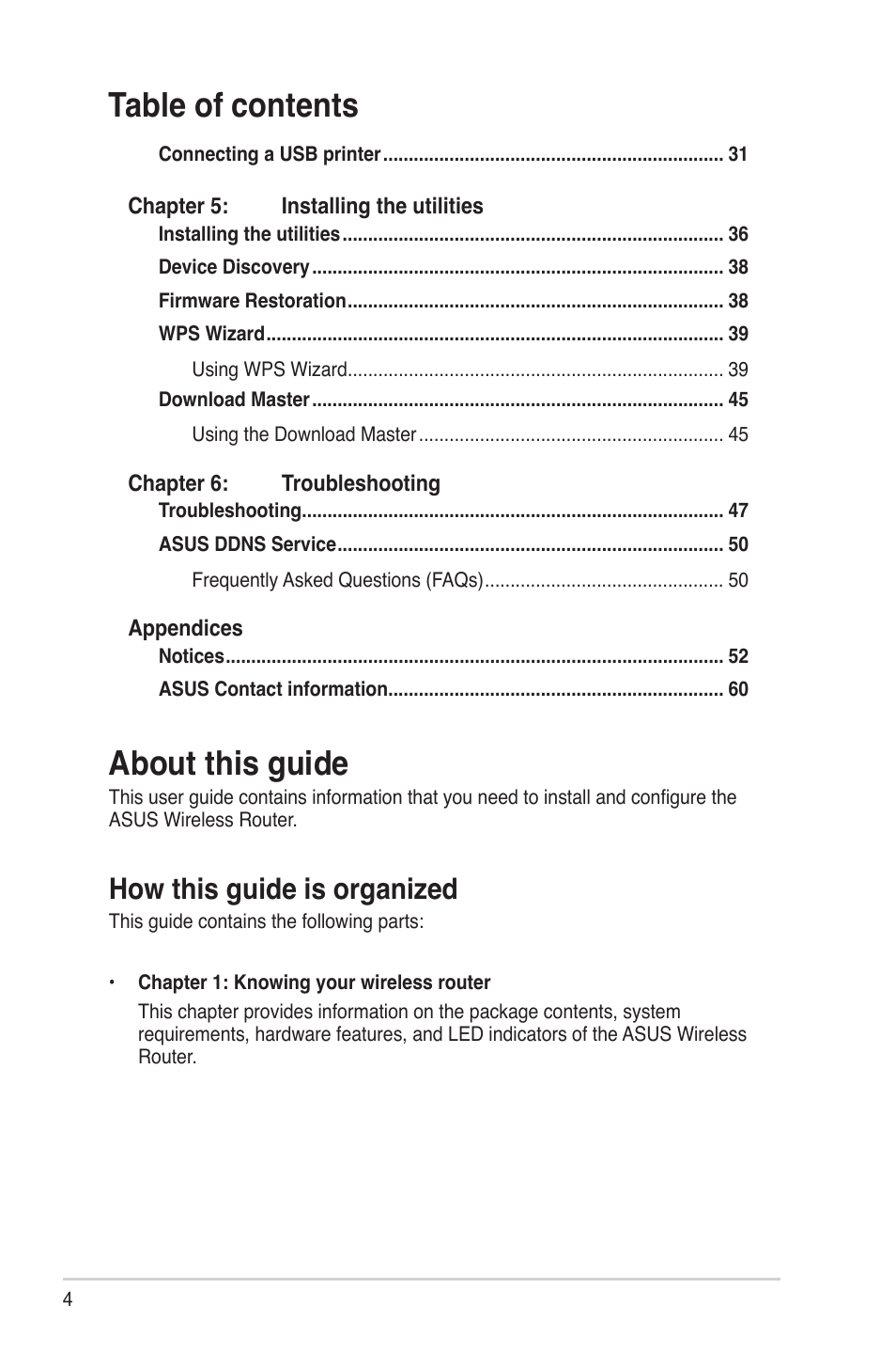 About this guide, How this guide is organized, Table of contents about this guide | Asus RT-N13U User Manual | Page 4 / 61