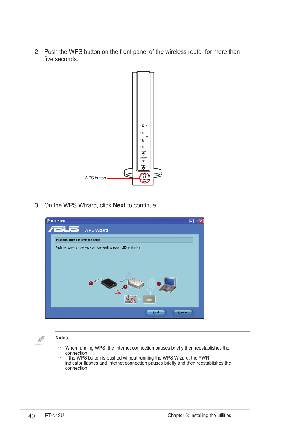 On the wps wizard, click next to continue | Asus RT-N13U User Manual | Page 40 / 61