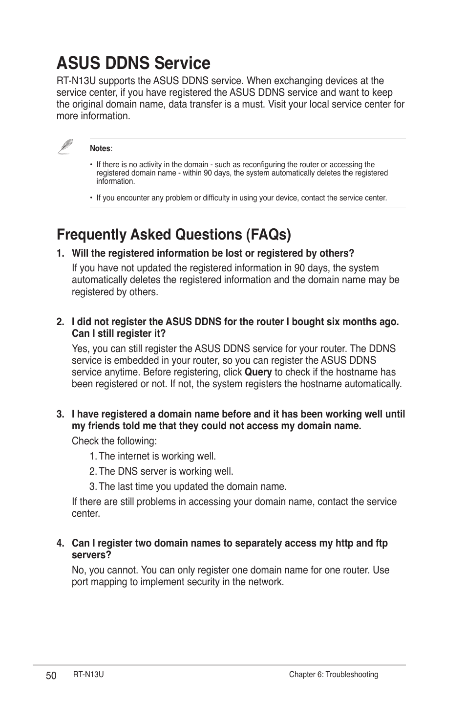 Asus ddns service, Frequently asked questions (faqs) | Asus RT-N13U User Manual | Page 50 / 61