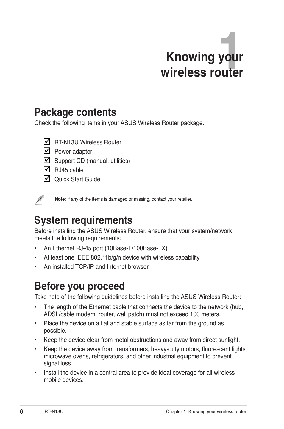 Chapter 1: knowing your wireless router, Package contents, System requirements | Before you proceed, Knowing your wireless router | Asus RT-N13U User Manual | Page 6 / 61