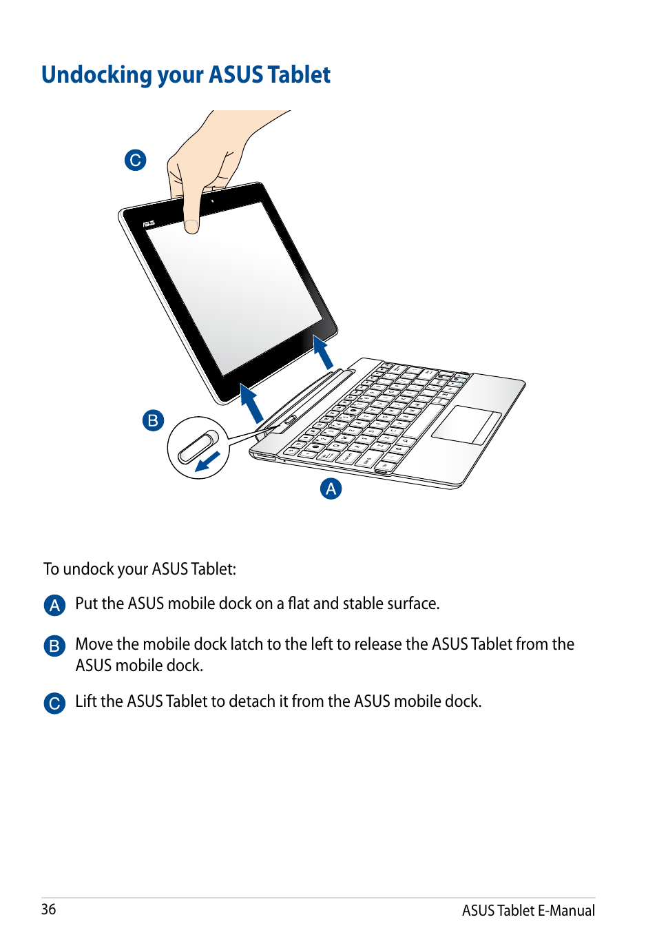 Undocking your asus tablet | Asus Transformer Pad (TF701T) User Manual | Page 36 / 102