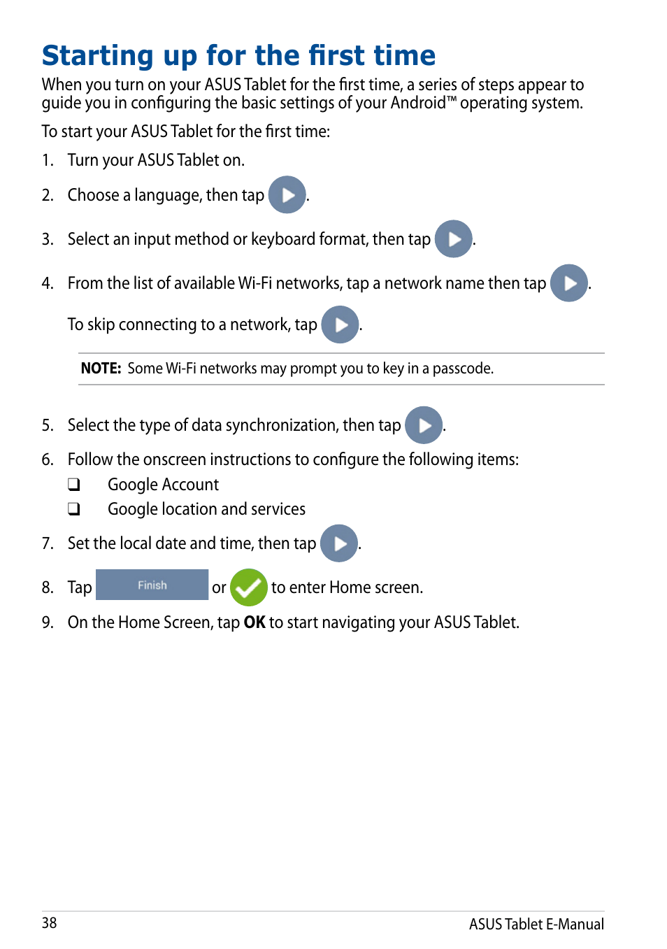 Starting up for the first time | Asus Transformer Pad (TF701T) User Manual | Page 38 / 102