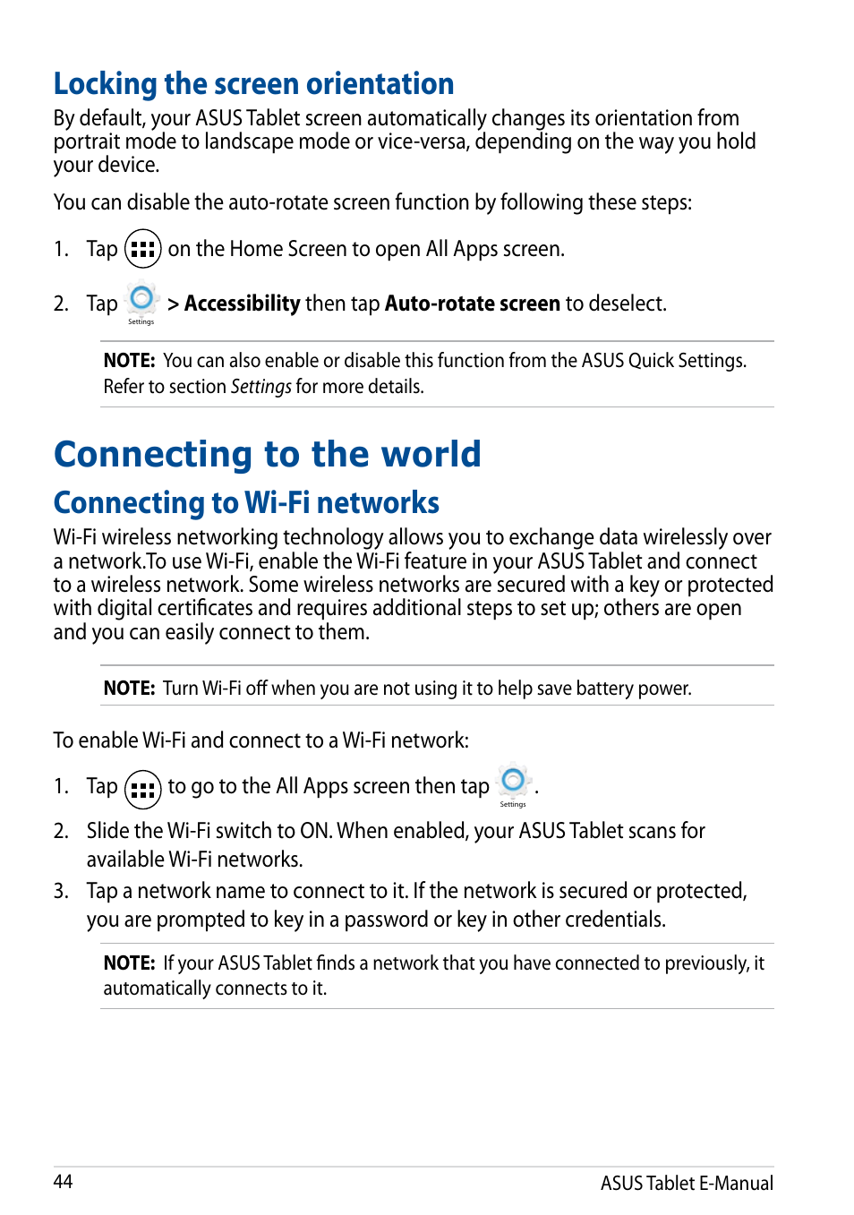 Locking the screen orientation, Connecting to the world, Connecting to wi-fi networks | Asus Transformer Pad (TF701T) User Manual | Page 44 / 102