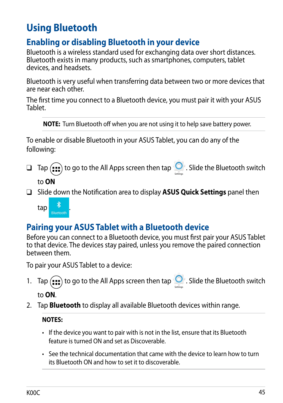 Using bluetooth, Enabling or disabling bluetooth in your device, Pairing your asus tablet with a bluetooth device | Asus Transformer Pad (TF701T) User Manual | Page 45 / 102