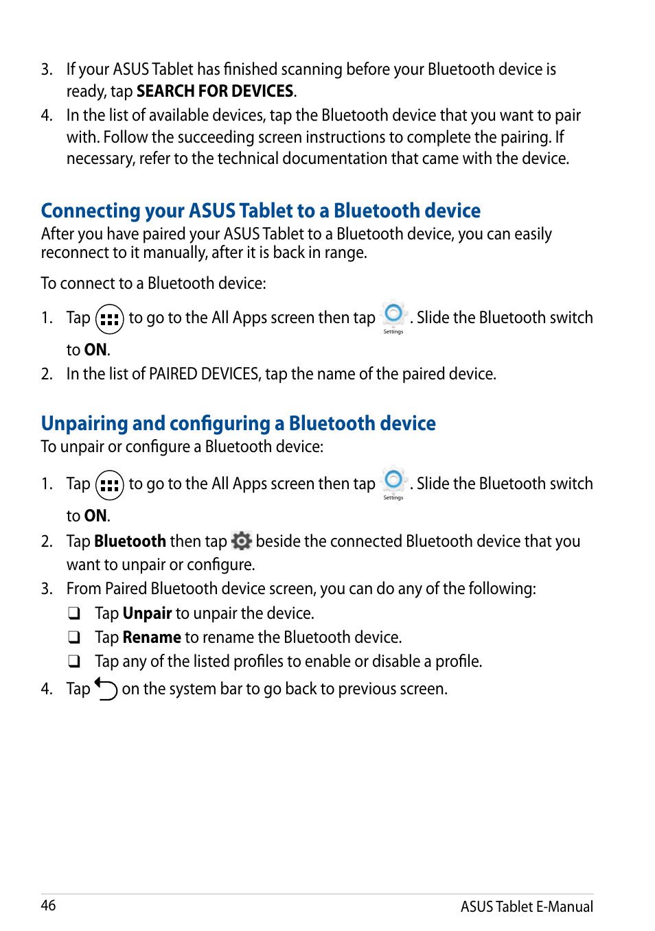 Connecting your asus tablet to a bluetooth device, Unpairing and configuring a bluetooth device | Asus Transformer Pad (TF701T) User Manual | Page 46 / 102