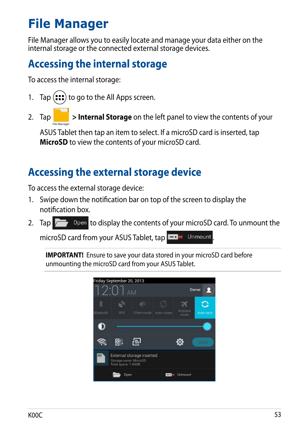 File manager, Accessing the internal storage, Accessing the external storage device | Asus Transformer Pad (TF701T) User Manual | Page 53 / 102