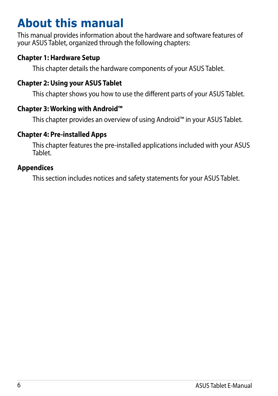 About this manual | Asus Transformer Pad (TF701T) User Manual | Page 6 / 102