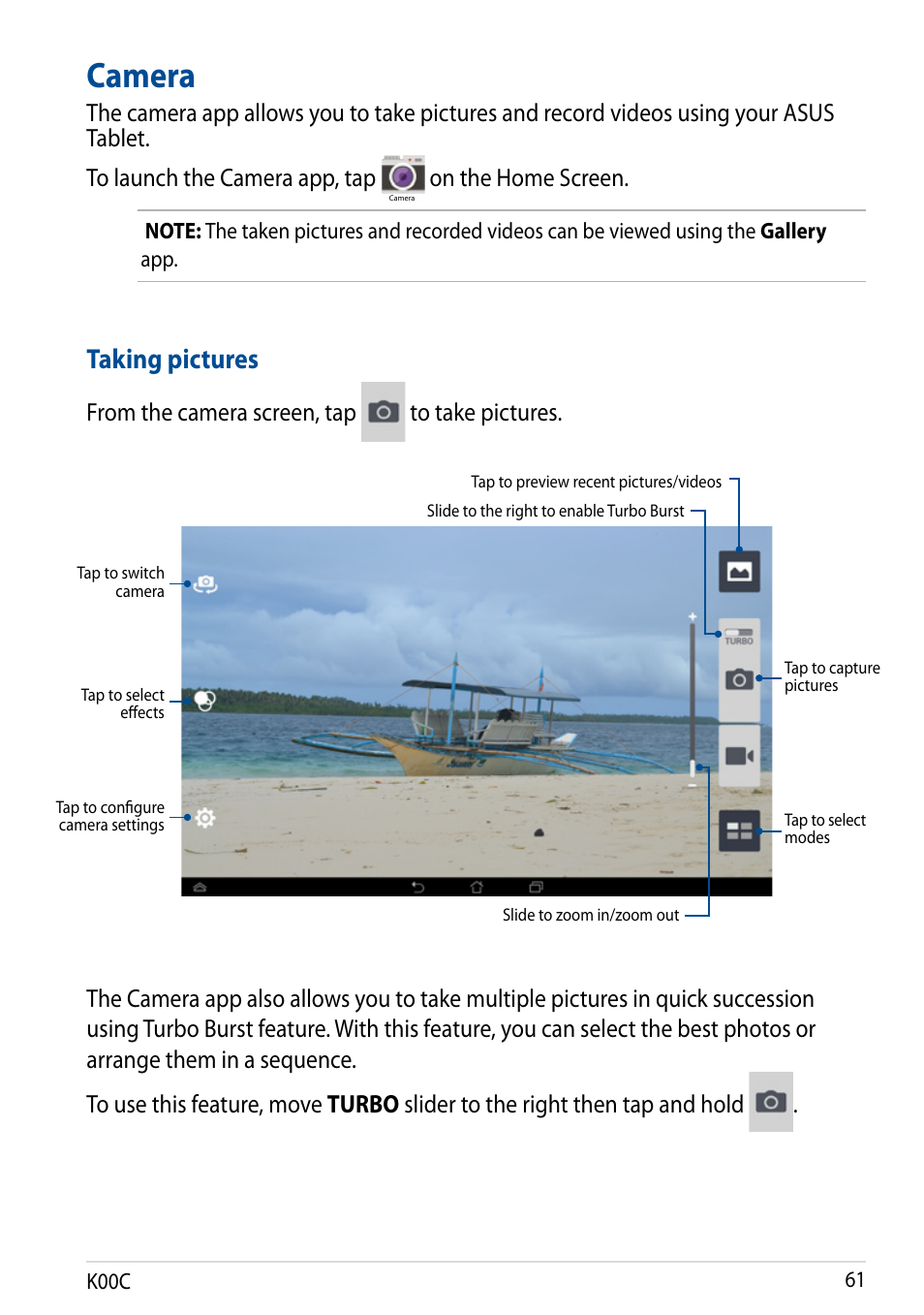 Camera, Taking pictures, On the home screen | Asus Transformer Pad (TF701T) User Manual | Page 61 / 102