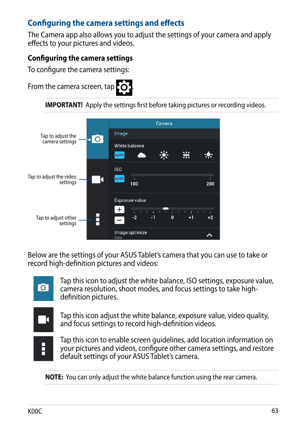 Configuring the camera settings and effects | Asus Transformer Pad (TF701T) User Manual | Page 63 / 102