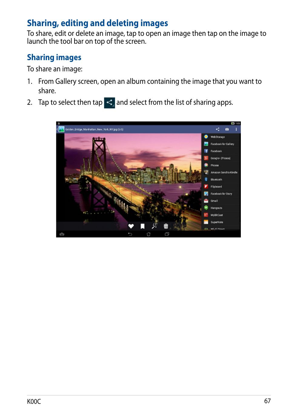 Sharing, editing and deleting images | Asus Transformer Pad (TF701T) User Manual | Page 67 / 102