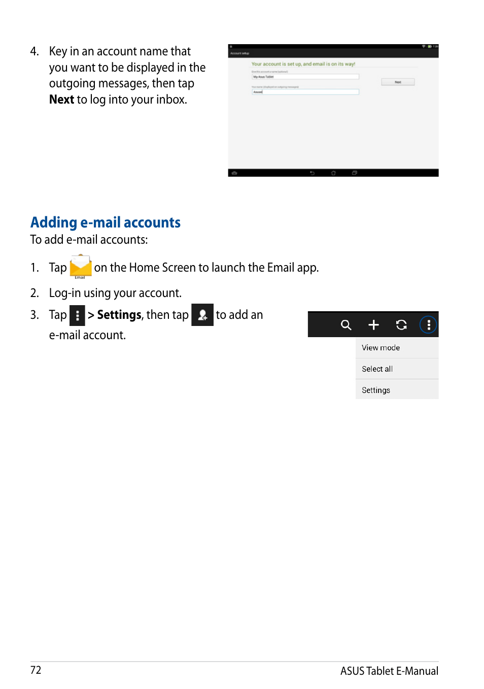 Adding e-mail accounts | Asus Transformer Pad (TF701T) User Manual | Page 72 / 102