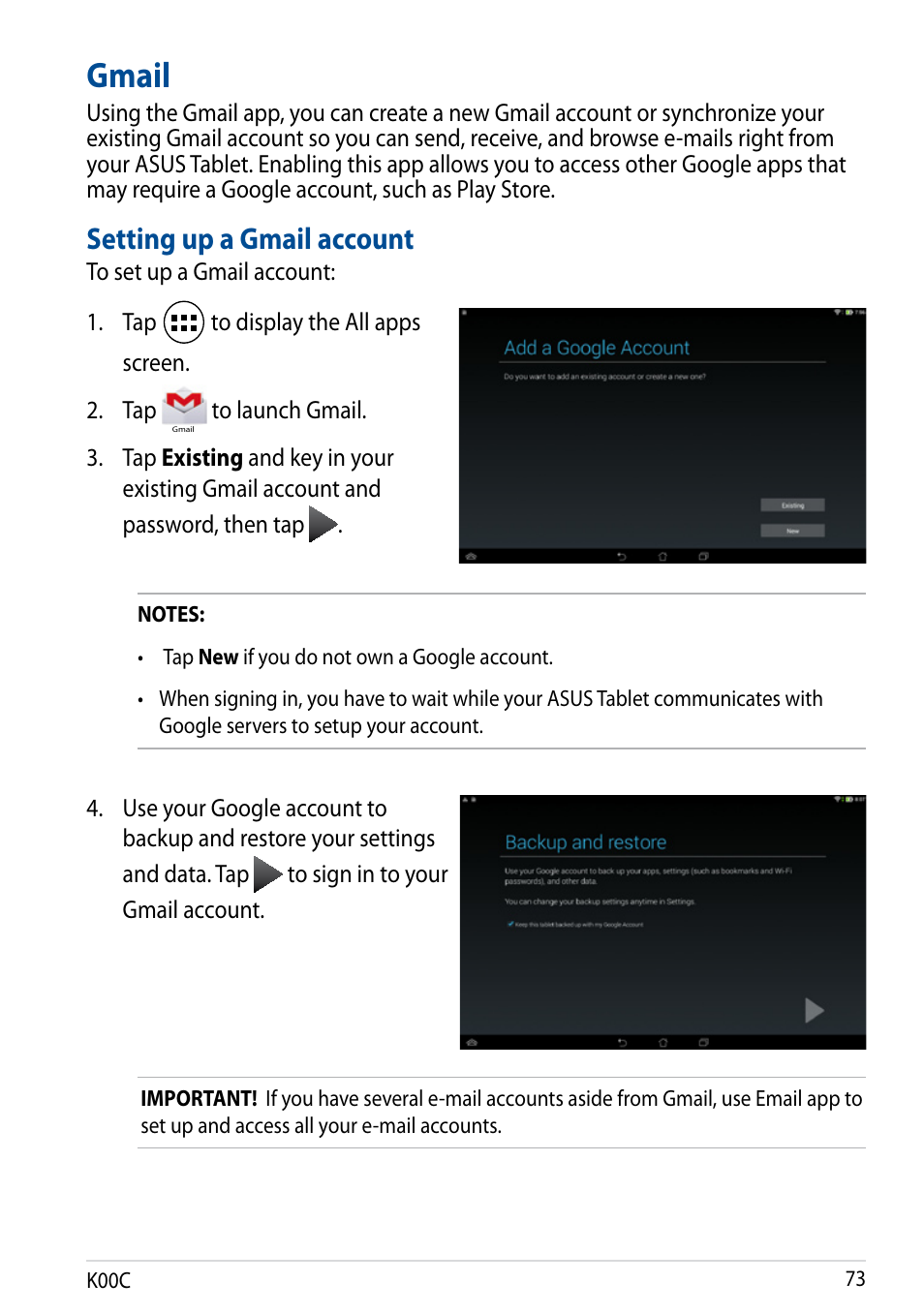 Gmail, Setting up a gmail account | Asus Transformer Pad (TF701T) User Manual | Page 73 / 102