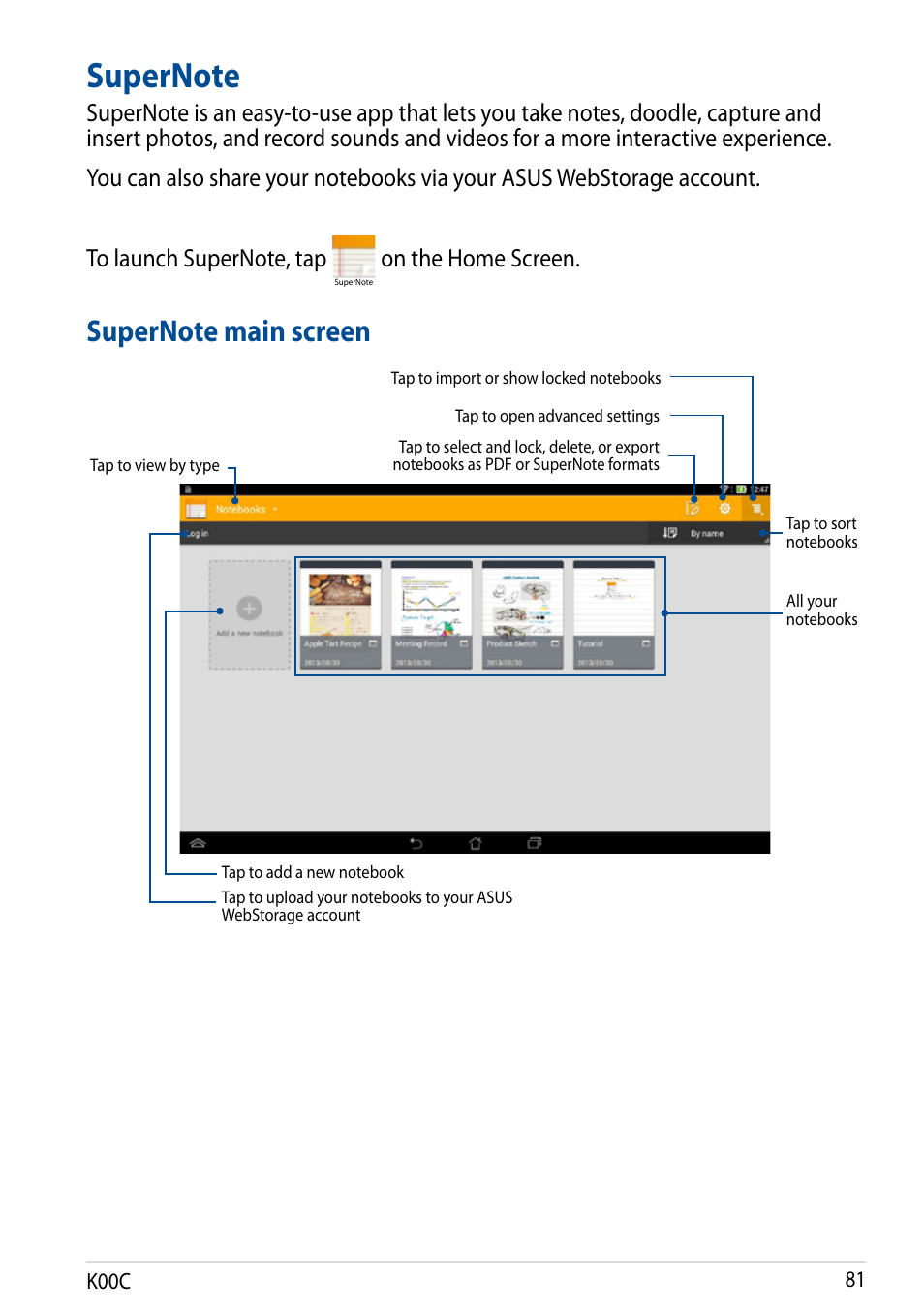 Supernote, On the home screen | Asus Transformer Pad (TF701T) User Manual | Page 81 / 102