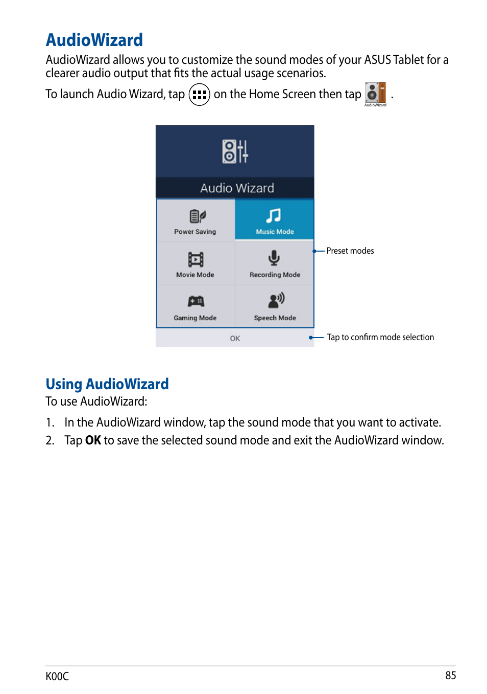 Audiowizard, Using audiowizard | Asus Transformer Pad (TF701T) User Manual | Page 85 / 102