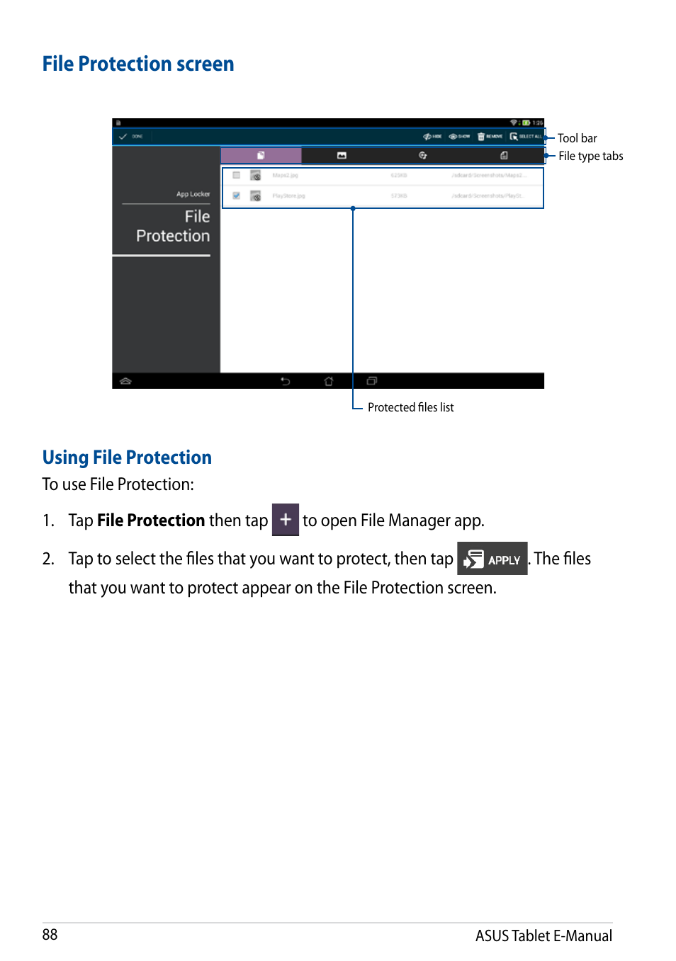 File protection screen, Using file protection | Asus Transformer Pad (TF701T) User Manual | Page 88 / 102