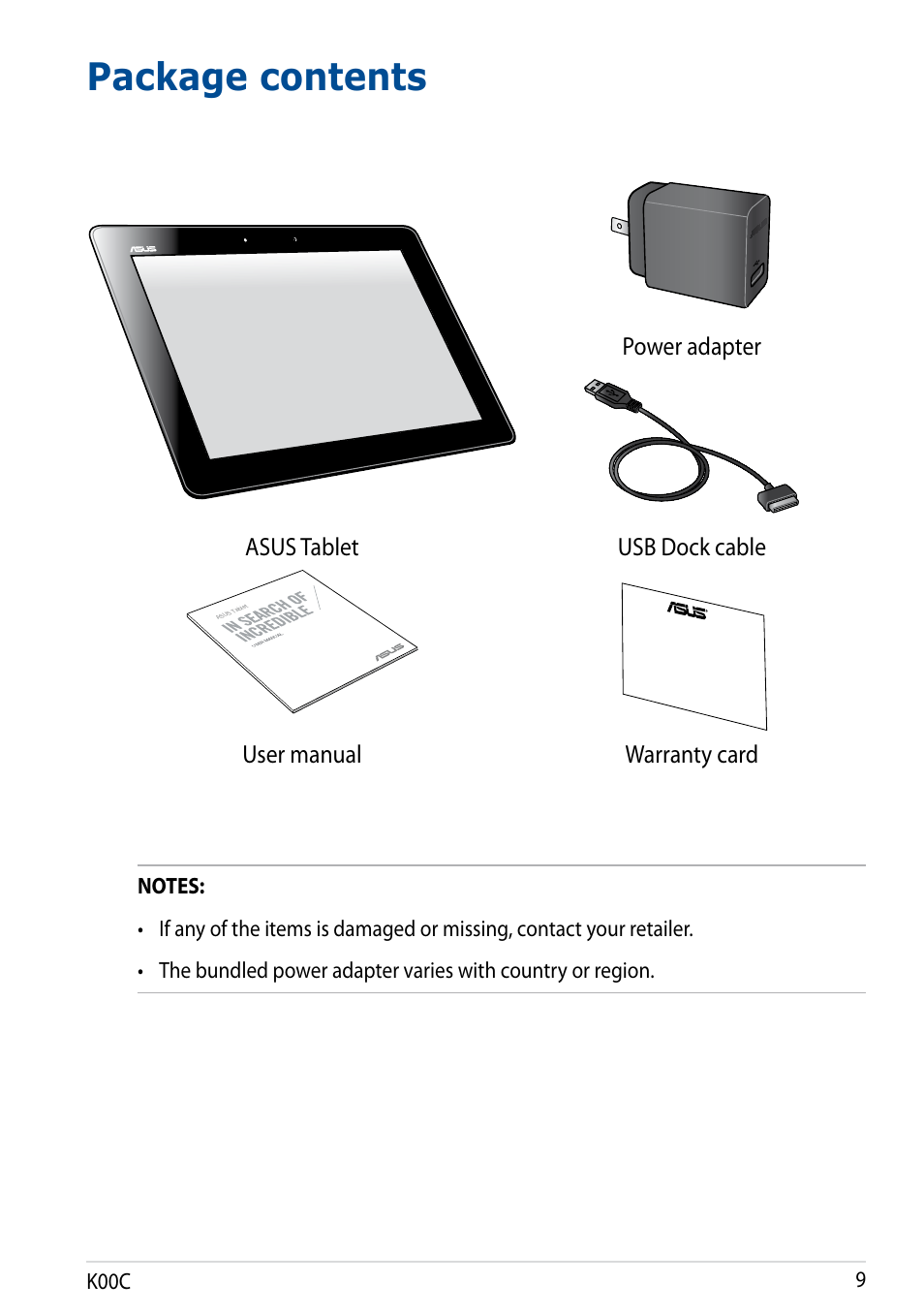 Package contents | Asus Transformer Pad (TF701T) User Manual | Page 9 / 102