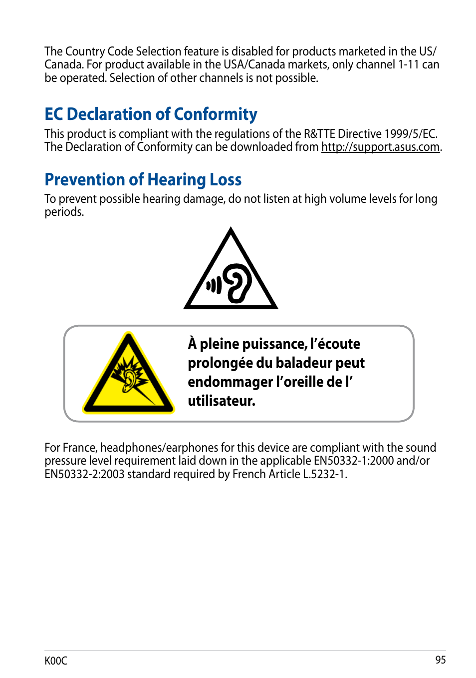 Ec declaration of conformity, Prevention of hearing loss | Asus Transformer Pad (TF701T) User Manual | Page 95 / 102