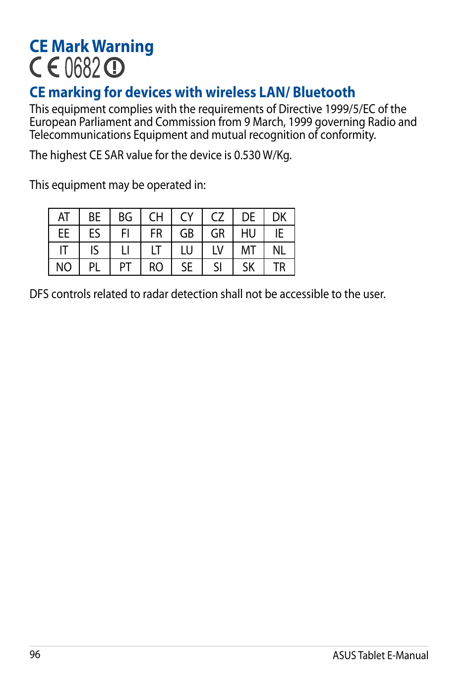 Ce mark warning | Asus Transformer Pad (TF701T) User Manual | Page 96 / 102