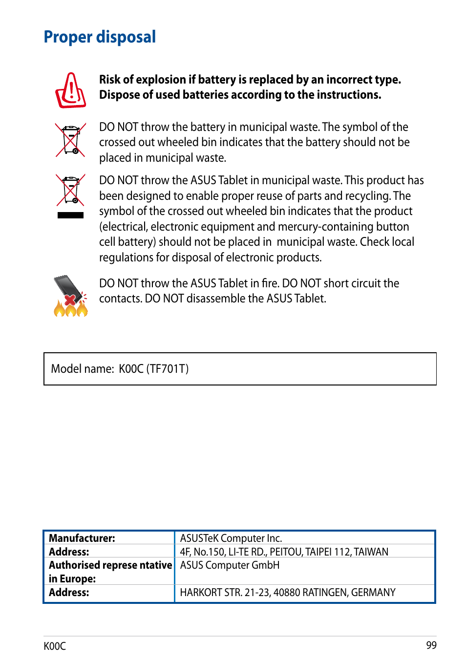 Proper disposal | Asus Transformer Pad (TF701T) User Manual | Page 99 / 102