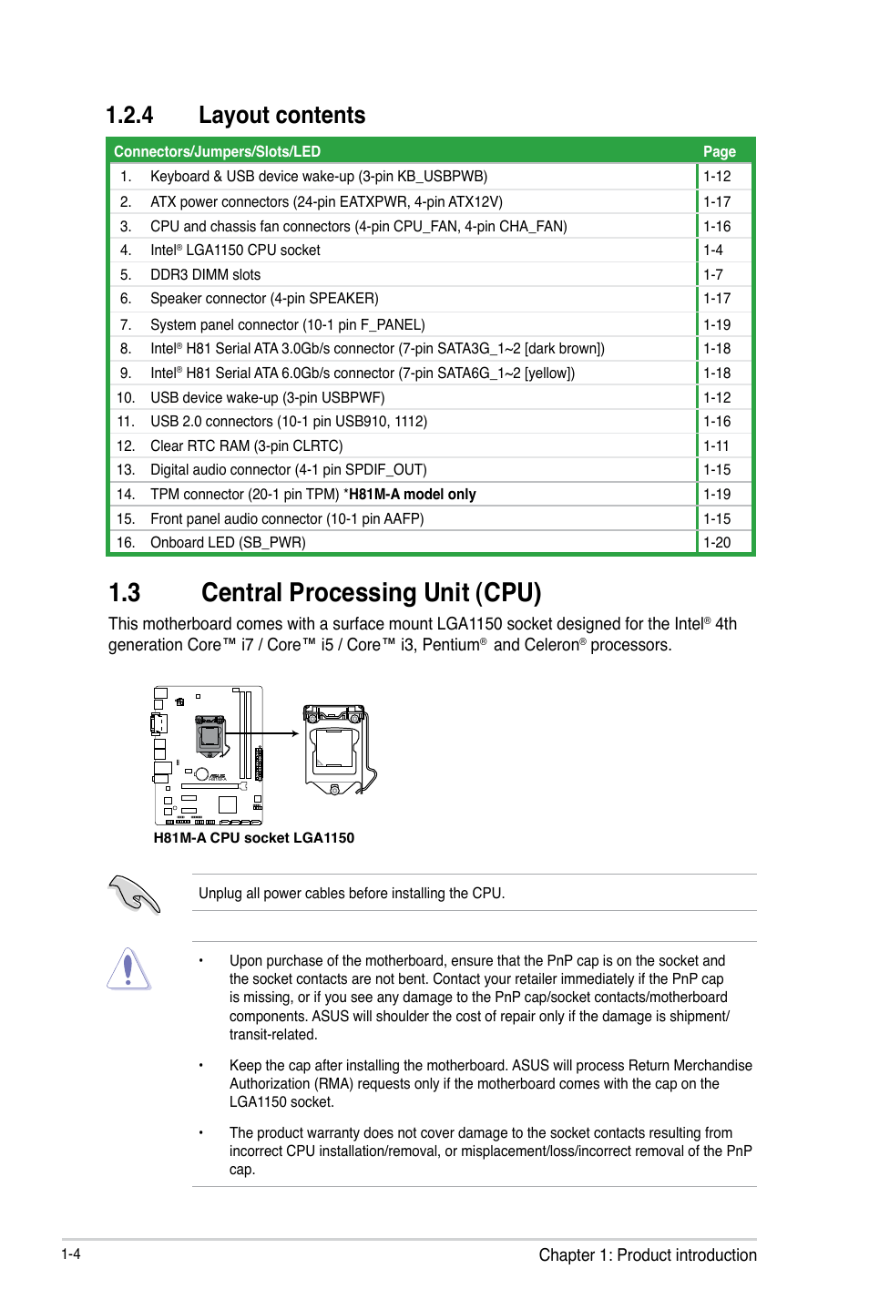 3 central processing unit (cpu), 3 central processing unit (cpu) -4, 4 layout contents | Asus H81M-E User Manual | Page 12 / 48