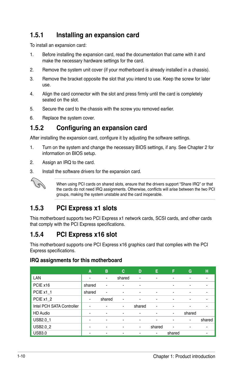 1 installing an expansion card, 2 configuring an expansion card, 3 pci express x1 slots | 4 pci express x16 slot, Irq assignments for this motherboard | Asus H81M-E User Manual | Page 18 / 48