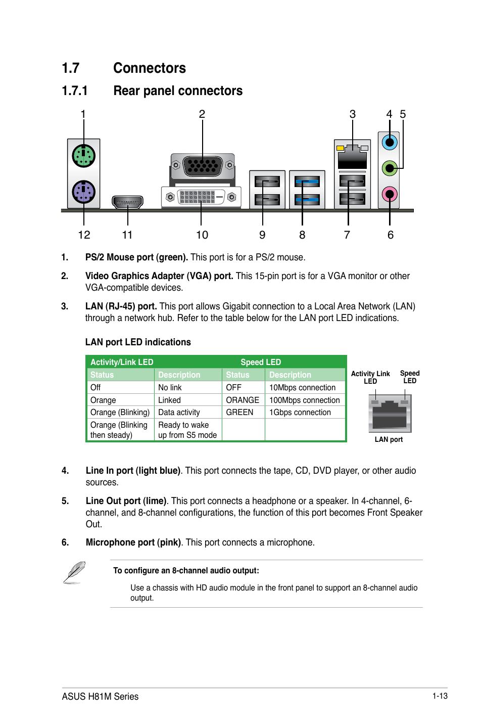 7 connectors, 7 connectors -13, 1 rear panel connectors | Asus H81M-E User Manual | Page 21 / 48