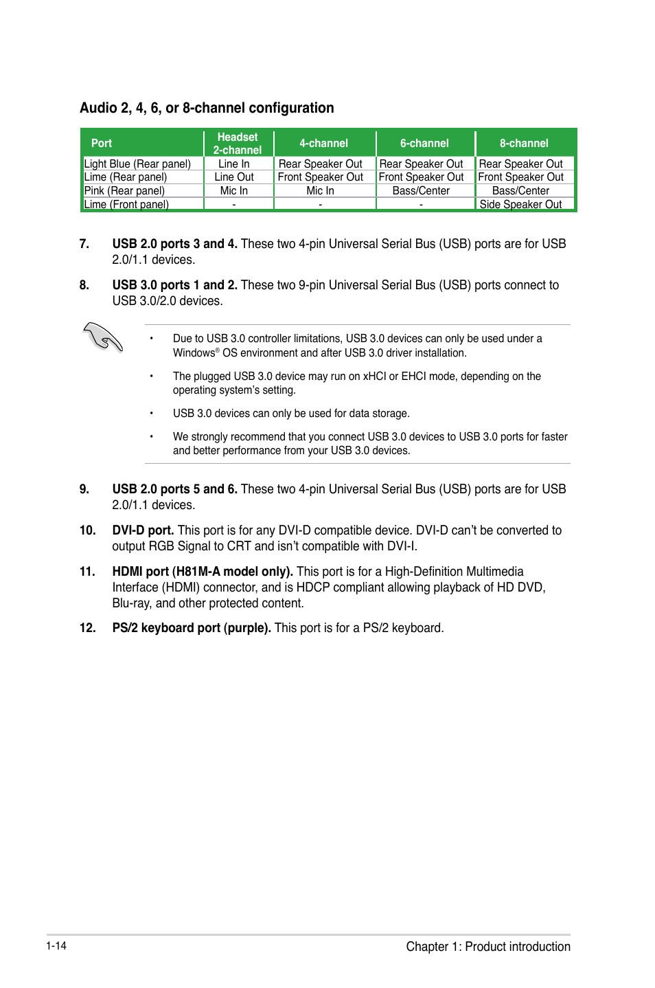 Audio 2, 4, 6, or 8-channel configuration | Asus H81M-E User Manual | Page 22 / 48