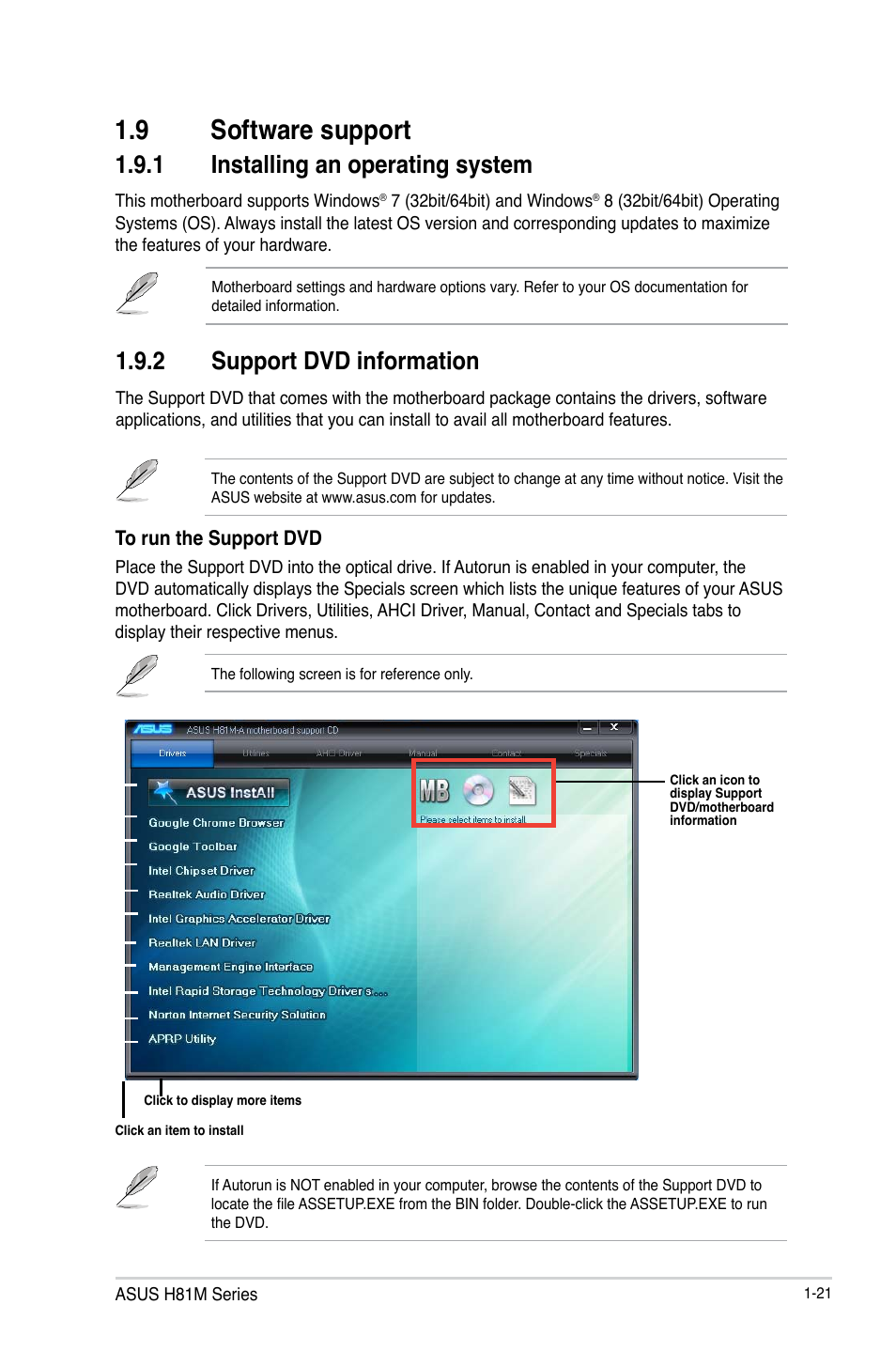 9 software support, 9 software support -21, 1 installing an operating system | 2 support dvd information | Asus H81M-E User Manual | Page 29 / 48