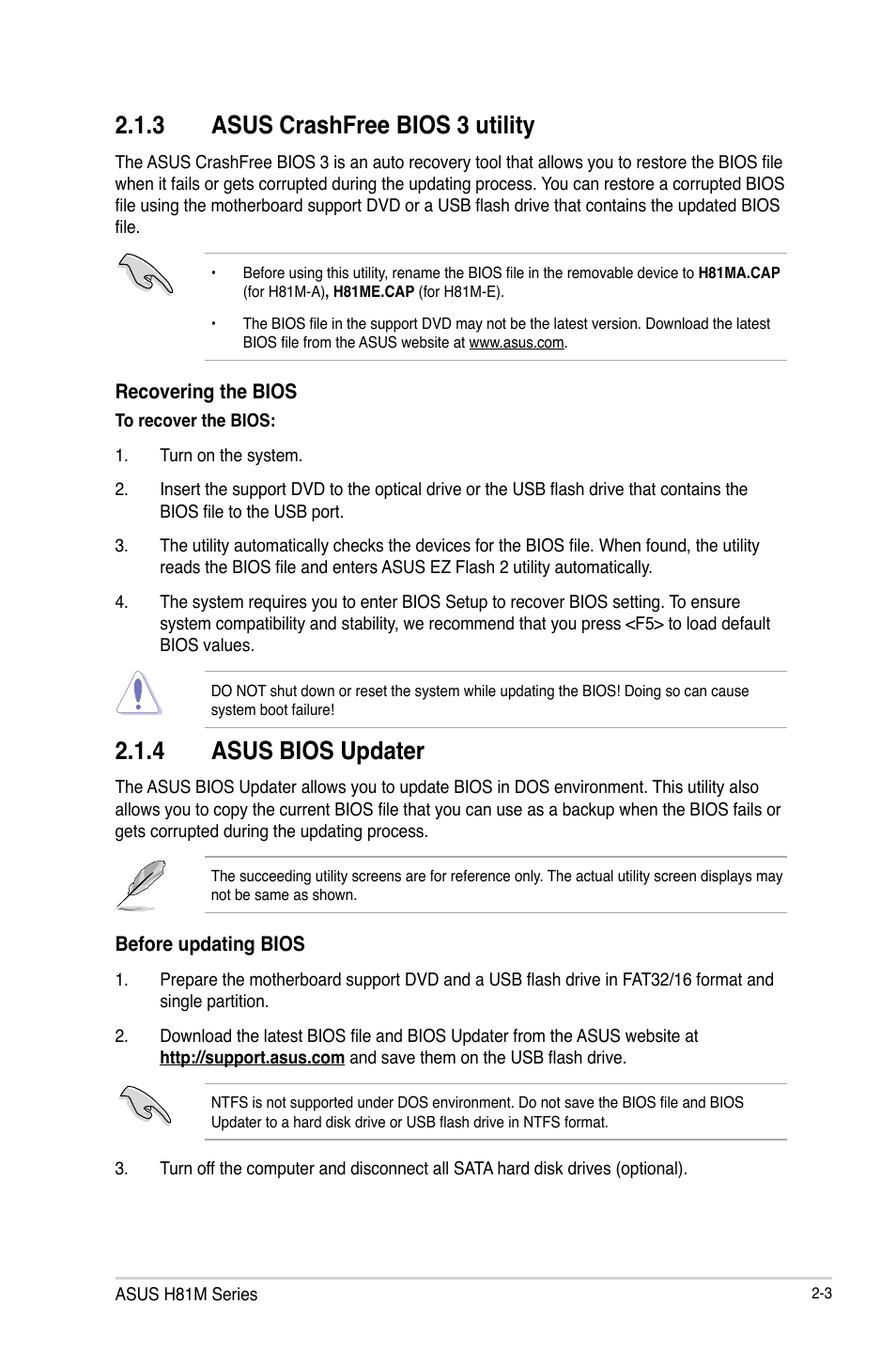 3 asus crashfree bios 3 utility, 4 asus bios updater | Asus H81M-E User Manual | Page 33 / 48