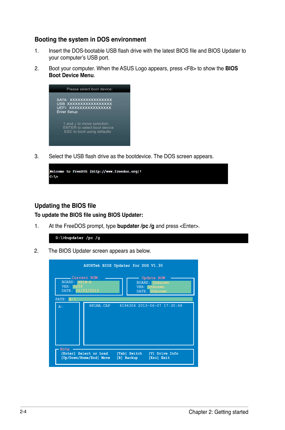 Updating the bios file, Booting the system in dos environment | Asus H81M-E User Manual | Page 34 / 48