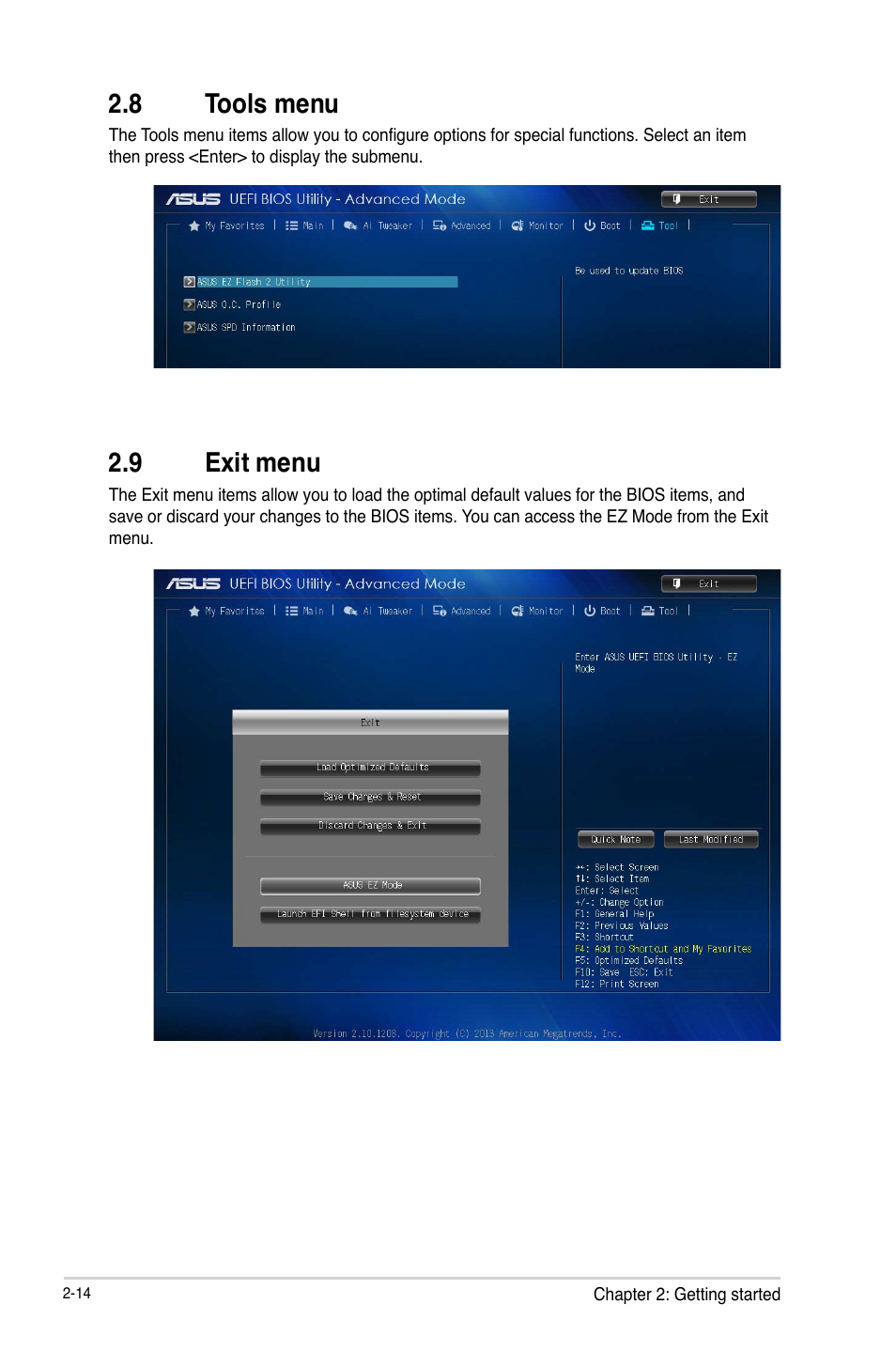 8 tools menu, 9 exit menu, 8 tools menu -14 2.9 exit menu -14 | Asus H81M-E User Manual | Page 44 / 48