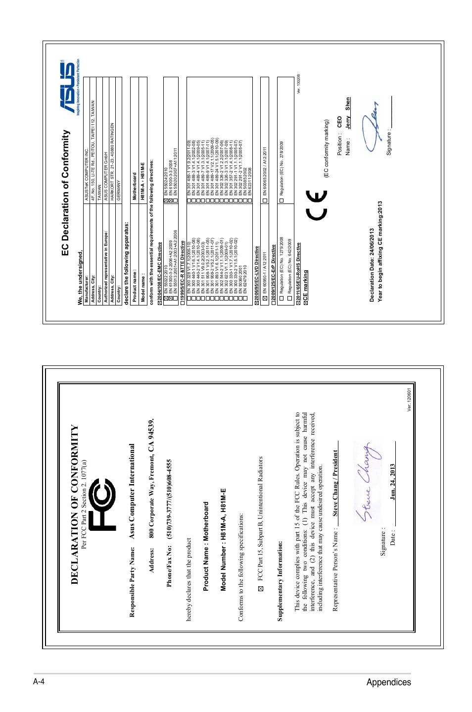 Appendices declaration of conformity, Ec declaration of conformity, Asu s c om pu te r in te rn at io na l | Address: 800 corporate way, fremont | Asus H81M-E User Manual | Page 48 / 48