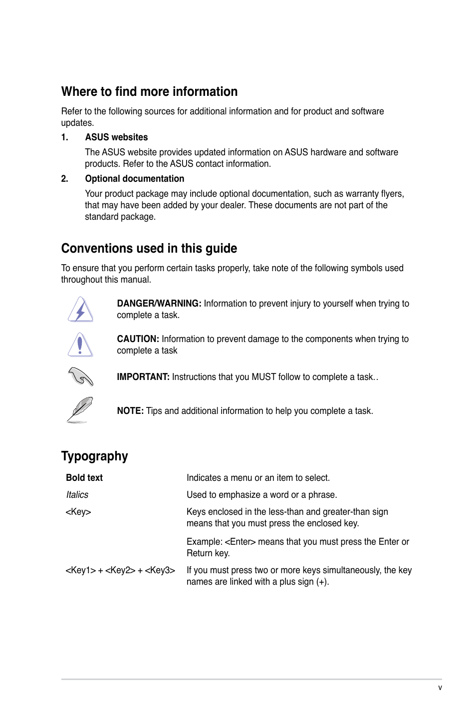 Where to find more information, Conventions used in this guide, Typography | Asus H81M-E User Manual | Page 5 / 48