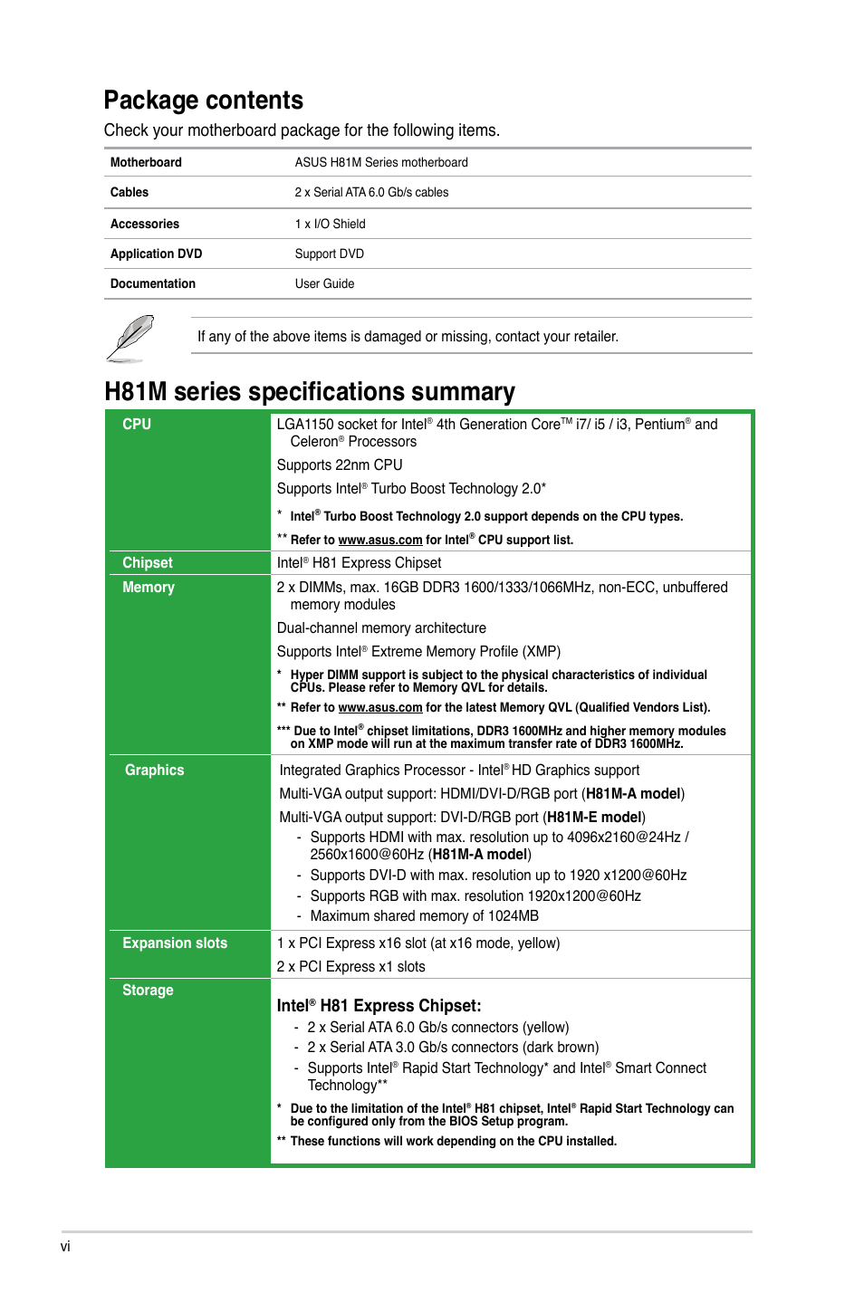 Package contents, H81m series specifications summary, Intel | H81 express chipset | Asus H81M-E User Manual | Page 6 / 48