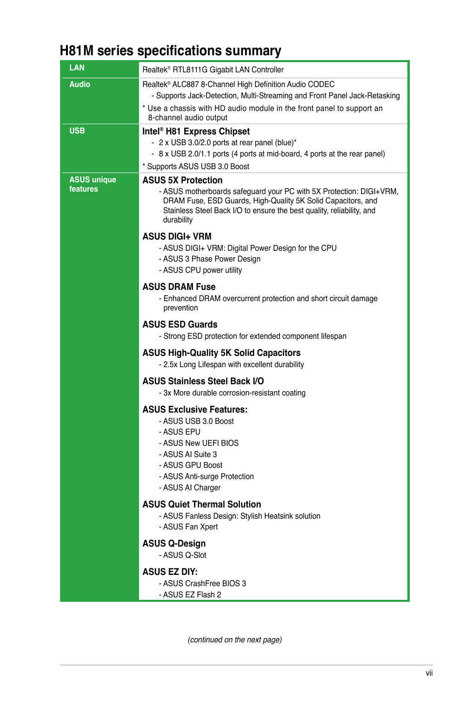 H81m series specifications summary | Asus H81M-E User Manual | Page 7 / 48