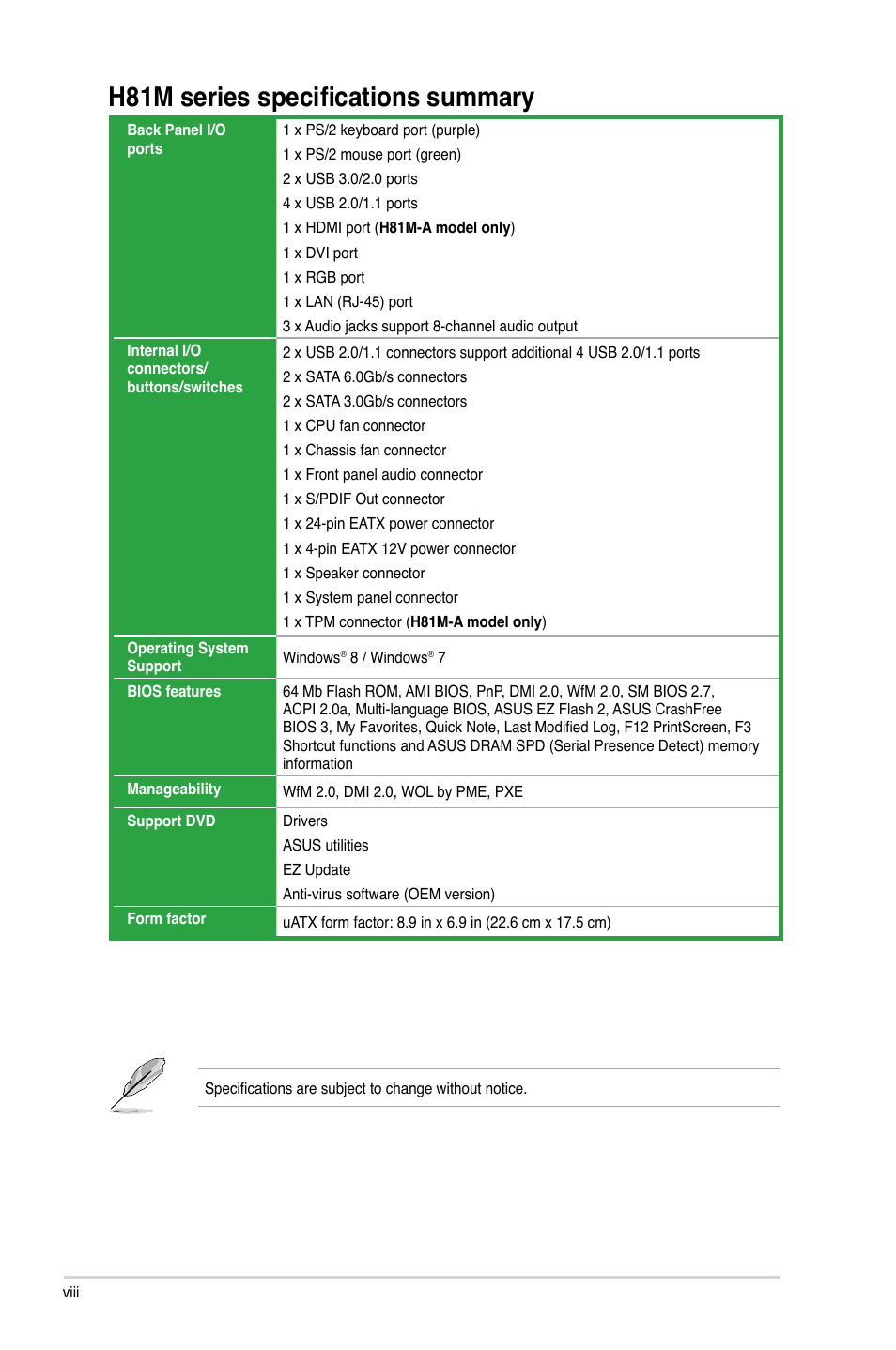 H81m series specifications summary | Asus H81M-E User Manual | Page 8 / 48