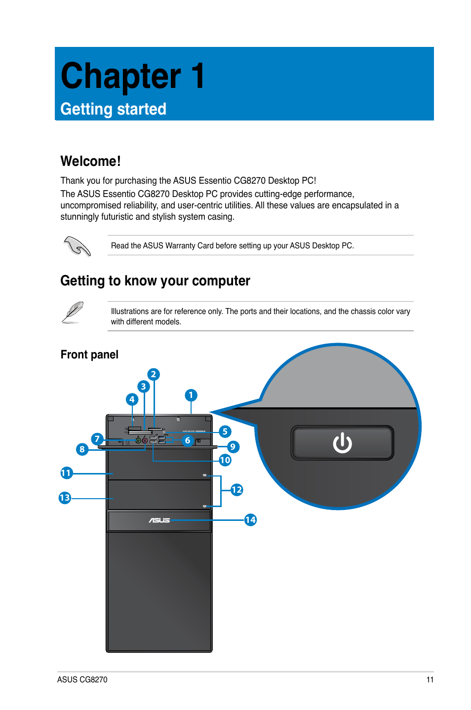 Chapter 1, Getting started, Welcome | Getting to know your computer, Welcome! getting to know your computer | Asus CG8270 User Manual | Page 11 / 76