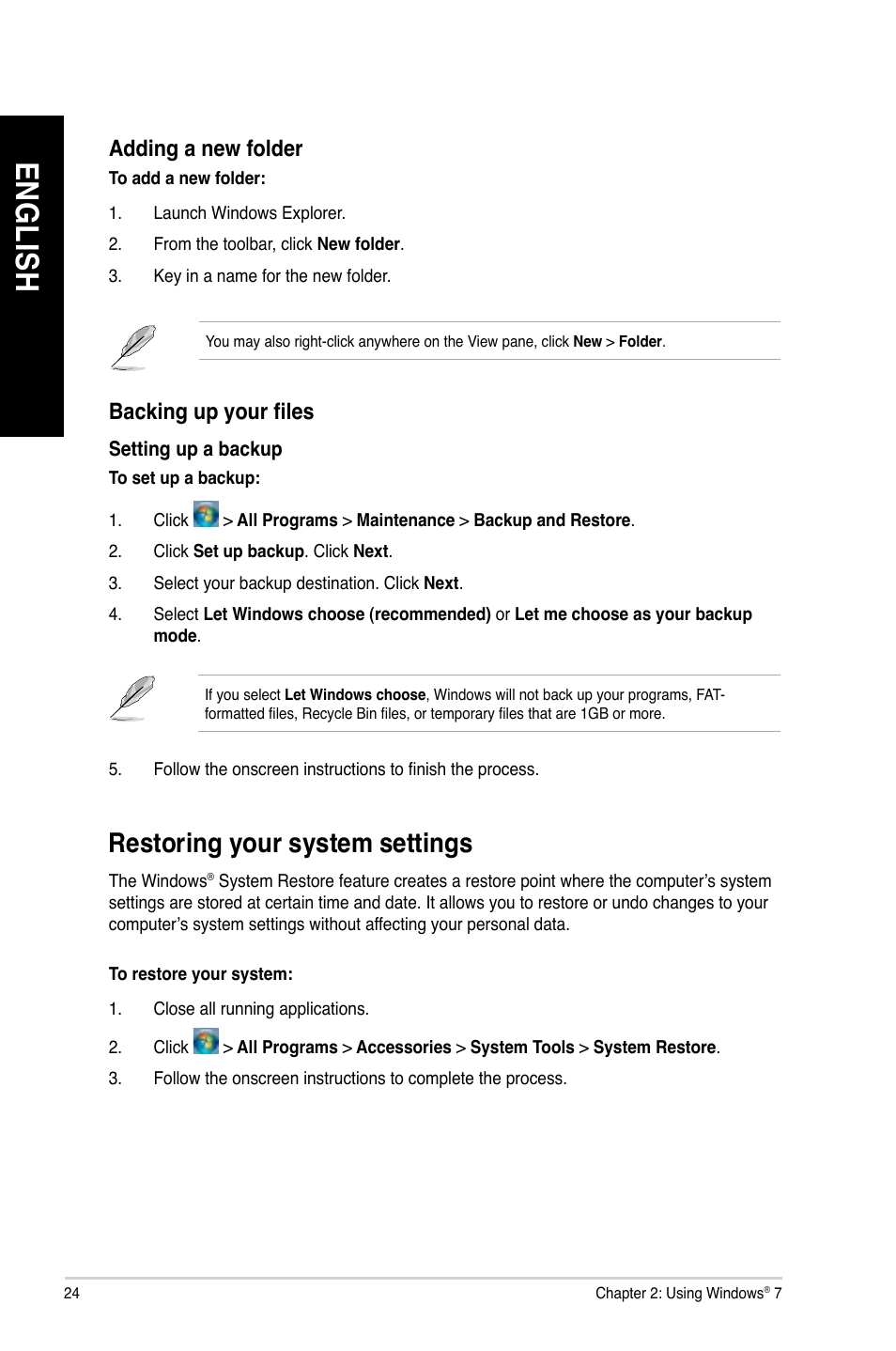 Restoring your system settings, En gl is h en gl is h en gl is h en gl is h | Asus CG8270 User Manual | Page 24 / 76