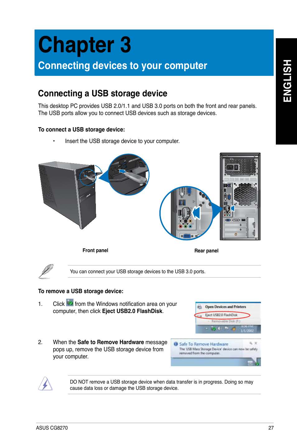 Chapter 3, Connecting devices to your computer, Connecting a usb storage device | En gl is h en gl is h | Asus CG8270 User Manual | Page 27 / 76