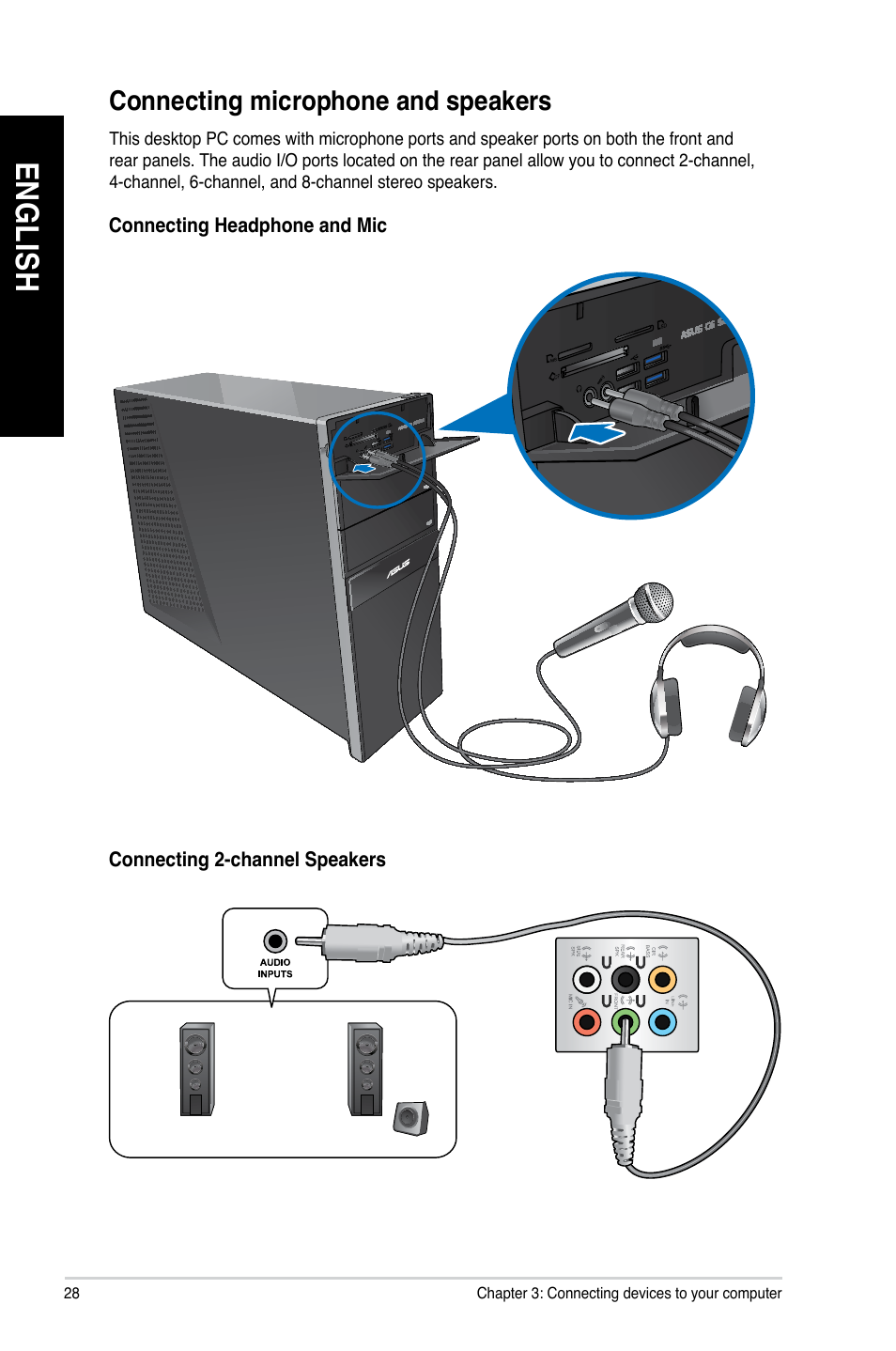 Connecting microphone and speakers, En gl is h en gl is h en gl is h en gl is h | Asus CG8270 User Manual | Page 28 / 76