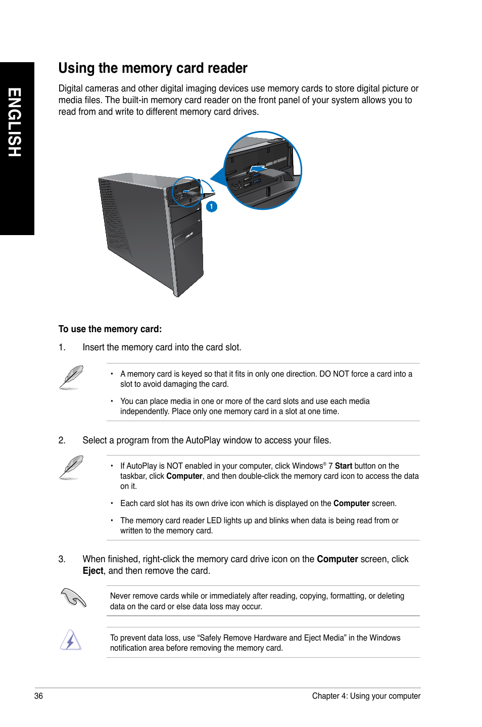 Using the memory card reader, En gl is h en gl is h en gl is h en gl is h | Asus CG8270 User Manual | Page 36 / 76